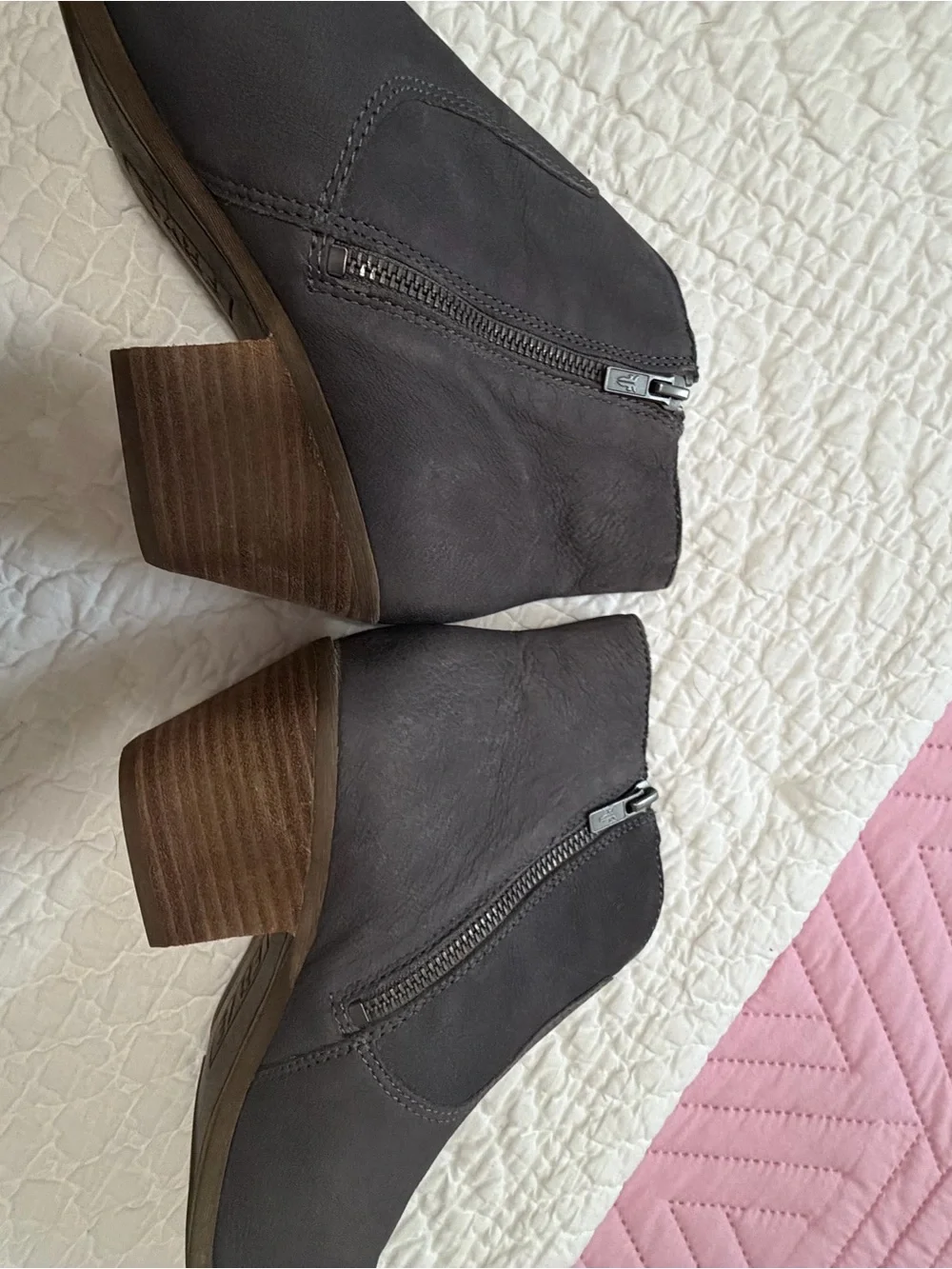 Frye Dark Gray Leather Ankle Booties with Stacked Heel